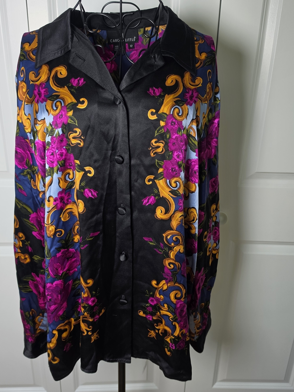 Vintage 90s Carole Little 100% Silk Baroque Floral Blouse 12